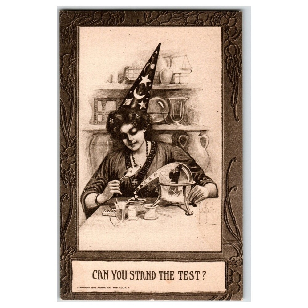 1910 Monro Art Occult Witch Magic Alchemist Woman Wizard Hat Halloween Postcard